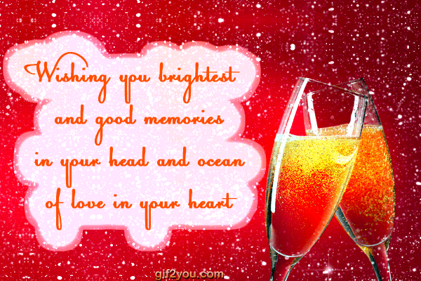 Soulful animated birthday card with bright glasses of champagne. Beautiful birthday toast "Wishing you brightest and good memories in your head and ocean of love in your heart".