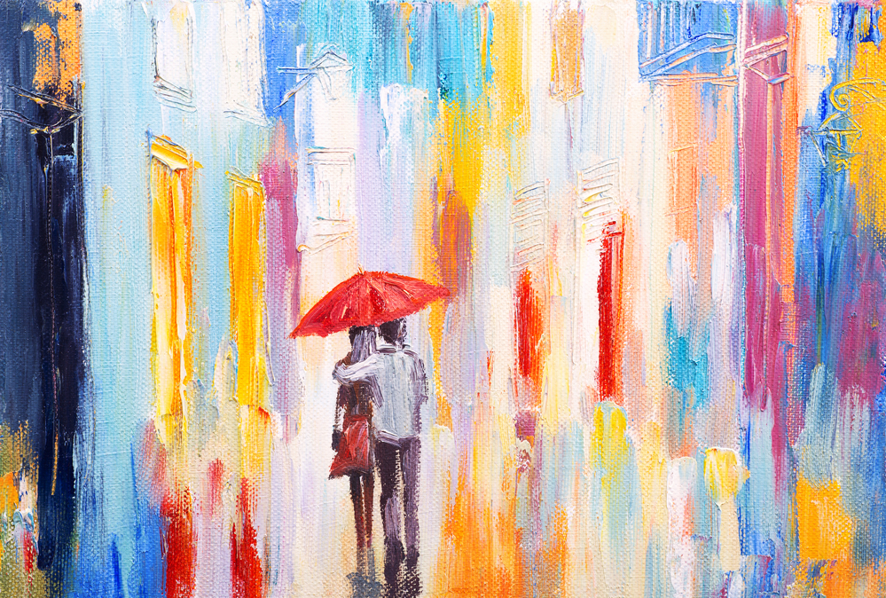 A bright picture in the style of an oil painting. Loving couple under an umbrella.